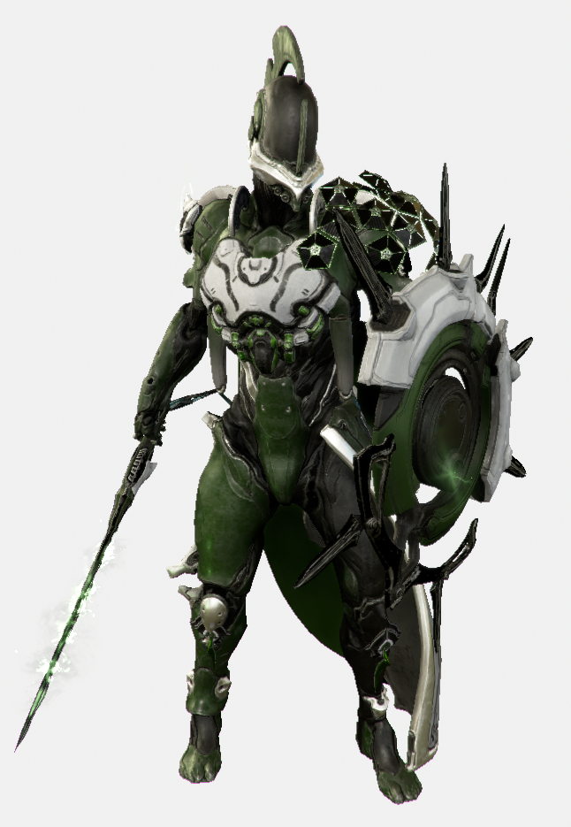 A Styanax Warframe, colored in green and white, and armed with a Sigma and Octanis